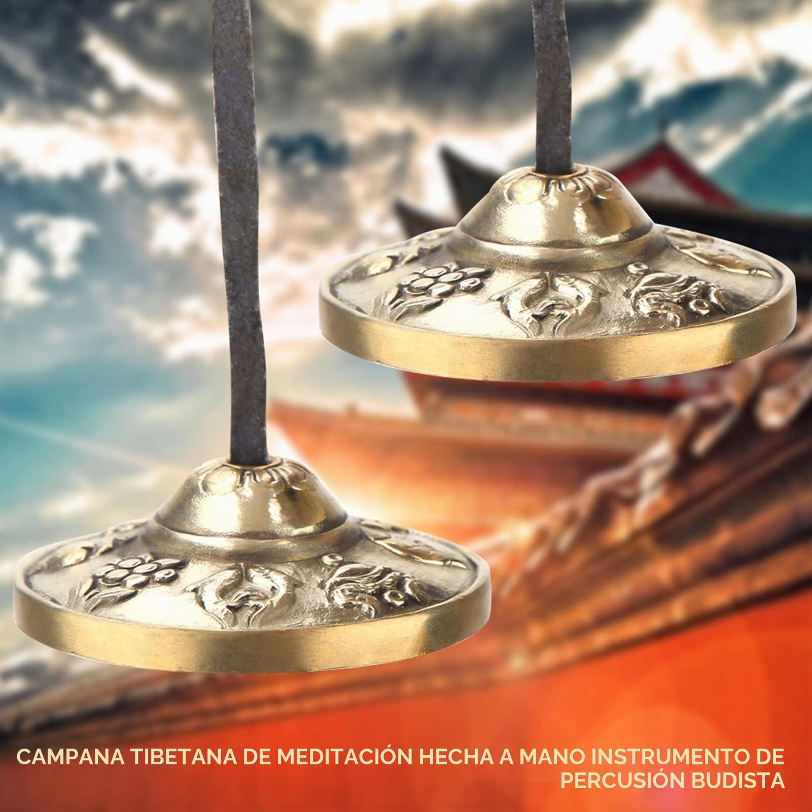 Campana Tibetana, Instrumentos de Percusión Budistas Campanas Budistas Tibetanas Campanas Tingsha Cymbals para Yoga Mediación Zen Práctica Terapia de Sonido Curación(patrón auspicioso)