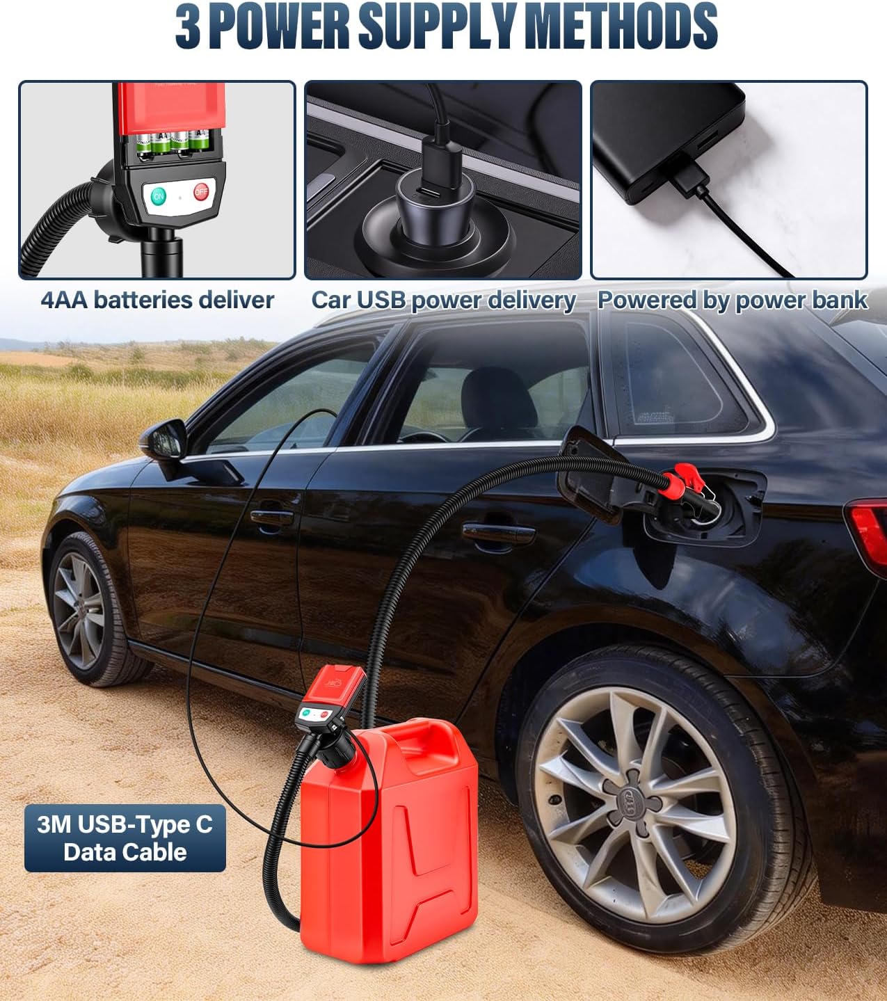 2026 Upgraded Fuel Transfer Pump with Auto-Stop, 3.8 Gallon per Min, 51" Extra Long Hose, Battery & 3M USB Powered, 4 Can Adapters, 30s Alert Beep, Fast and Safe Gas Pump for Oil, Diesel and Gasoline