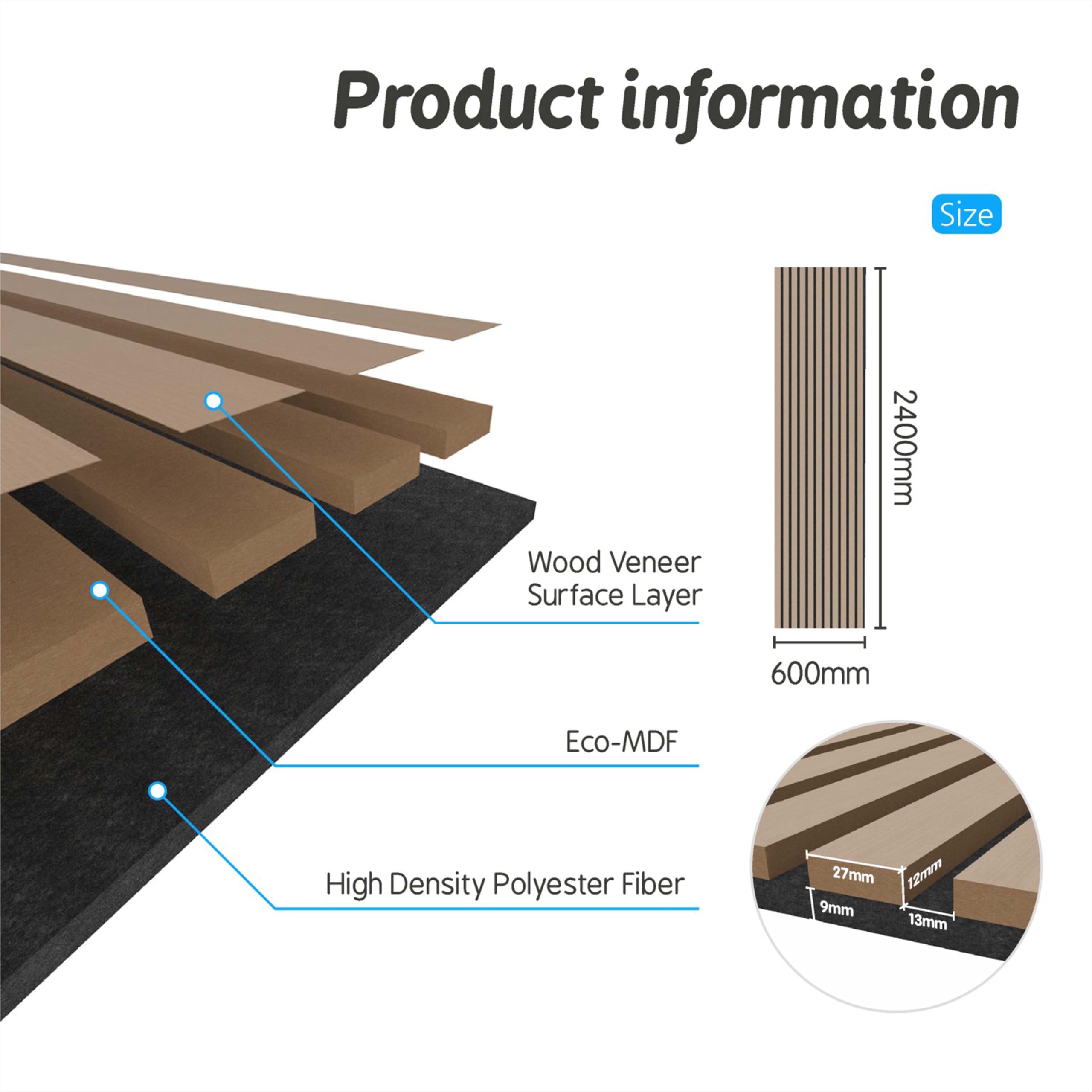 Panneaux décoratifs AICA, panneaux muraux en MDF imitation bois, lot de 3, 240 x 60 cm, couleur chêne clair