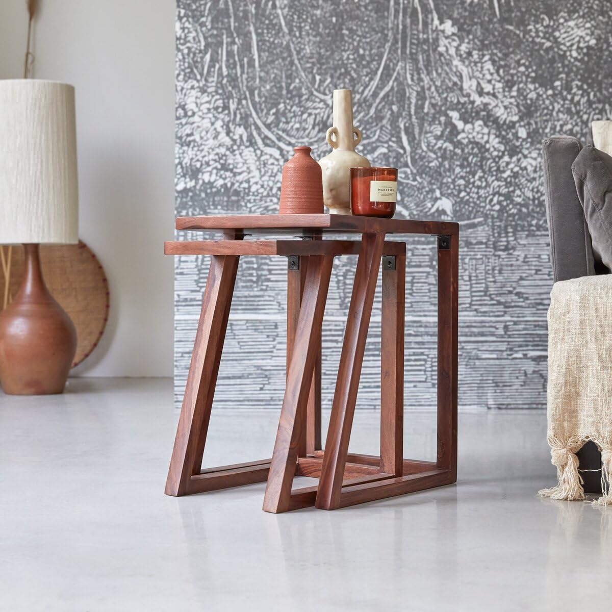 SMAART CRAAFTS Mattrix Nesting Table for Living Room and Bedroom | Premium Set of 2 Side Table for Home & Kitchen | Sheesham Wood, Teak Finish | Ideal for Home Decor