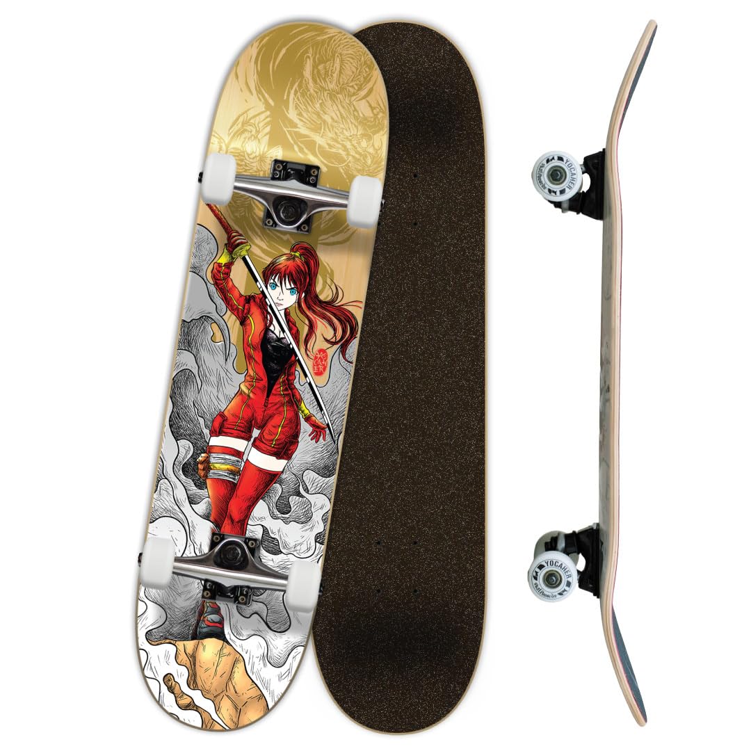 Yocaher Complete 31" x 7.75" Skateboards w/Premium Skateboard Grip Tape, Pro Aluminum Alloy Truck, ABEC-9 Bearing, 54mm Wheels (Girl Samurai Gold Dragon) โ image 1