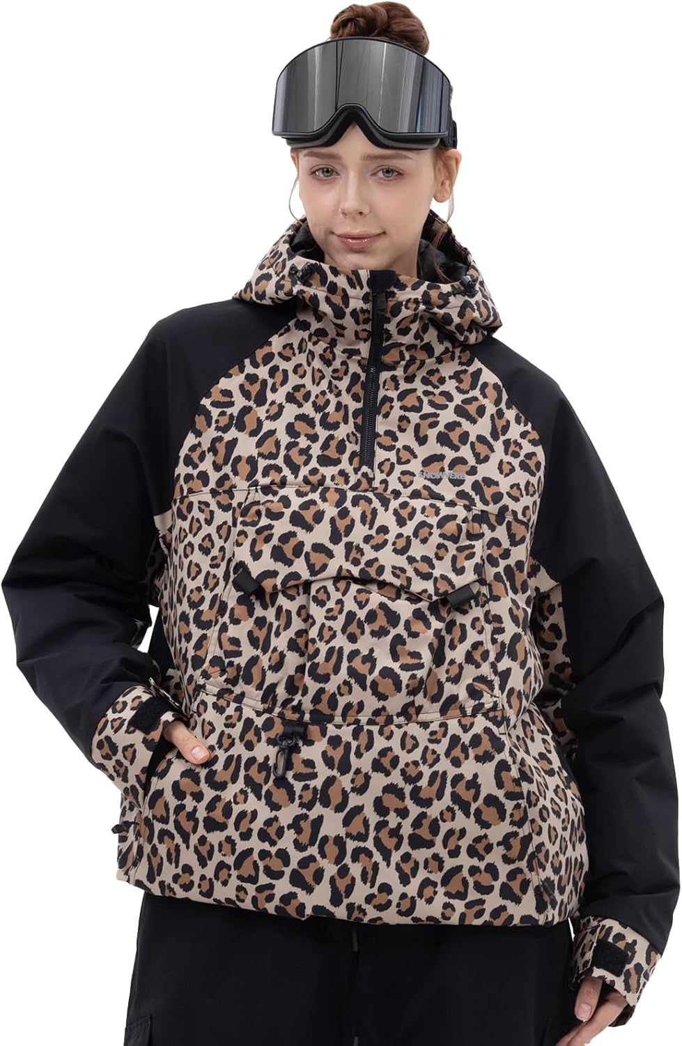 SNOWVERB Womens Mens Snowboard Baggy Anorak Half-zipper Snow Jackets Camo Leopard Waterproof Mountain Ski Coats with Hood