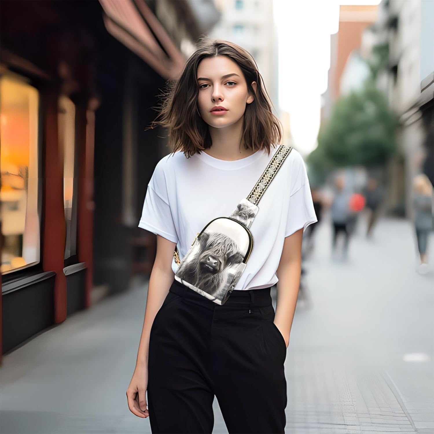 xigua Small Sling Bag for Women Highland Cow Grey Fanny Pack Faux Leather Crossbody Bags Lightweight Chest Bag - Image 2