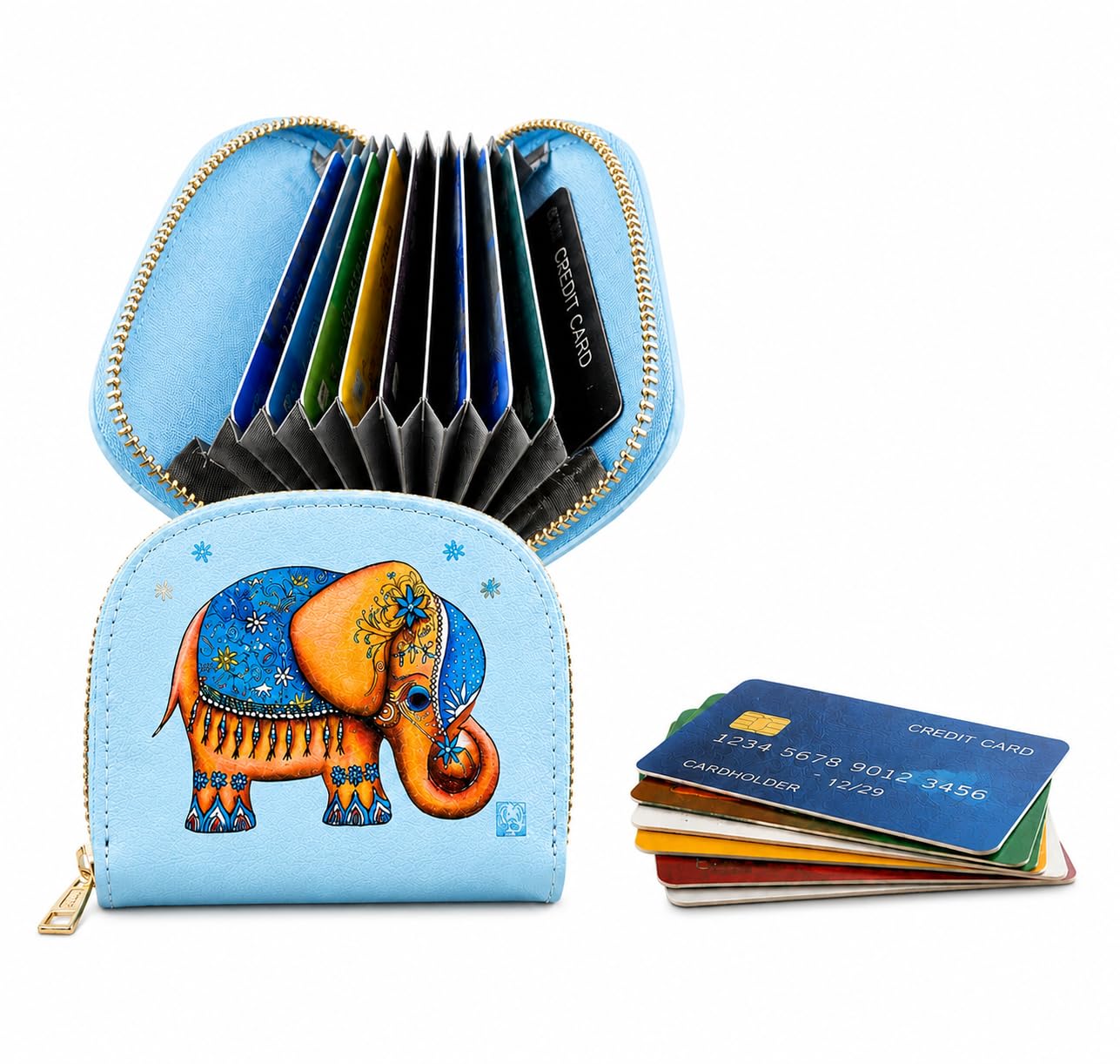 Women Zip Card Holder Wallet with Elephant Print, Vegan Leather, Multiple Accordion Card Slots, Compact Mini Coin Purse for Girls-picture-52