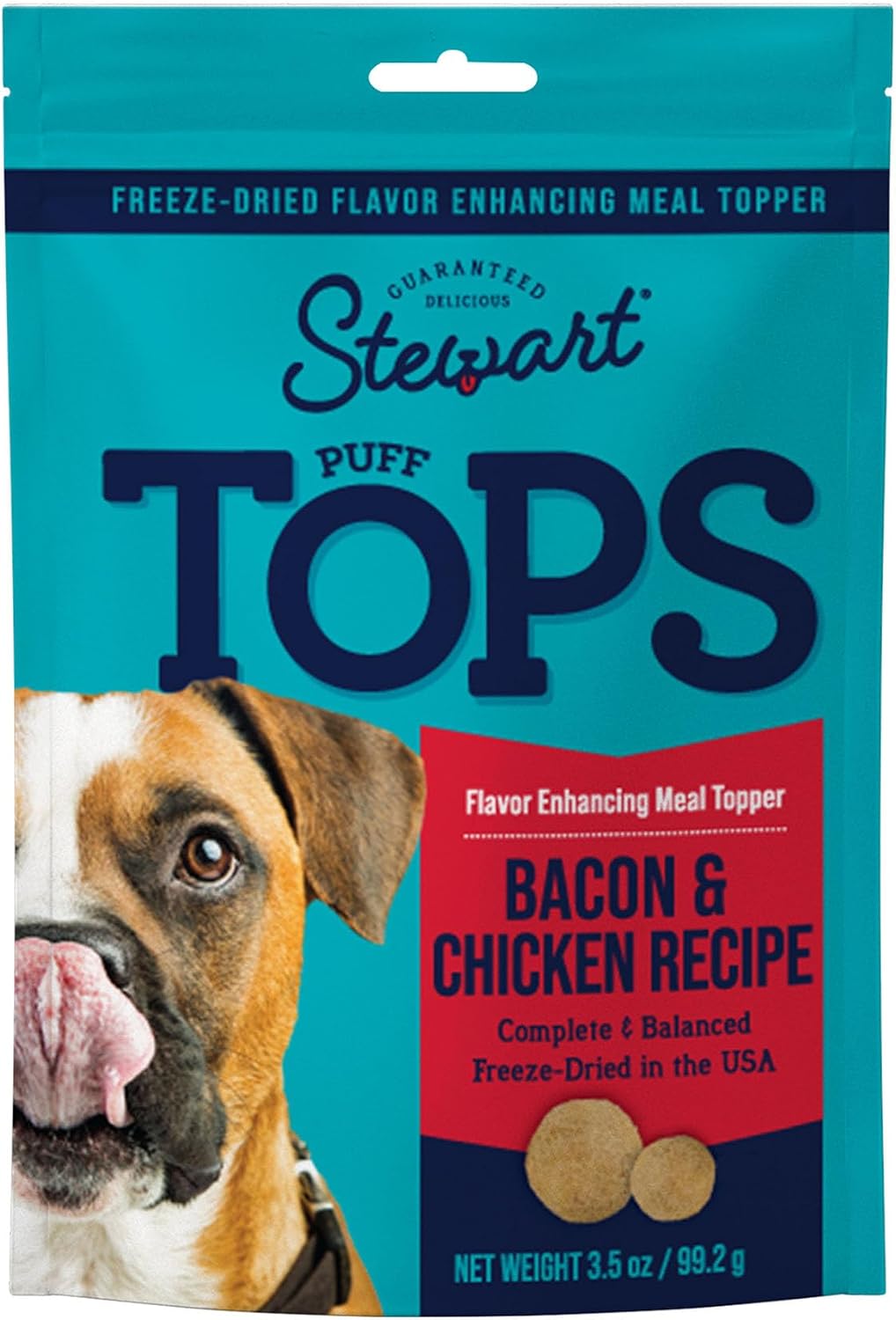 Stewart Freeze Dried Dog Food Topper, PuffTops, Bacon & Cheese, 3.5 Ounce Resealable Pouch, Flavor Enhancing Meal Topper or Dog Treat, Made in USA