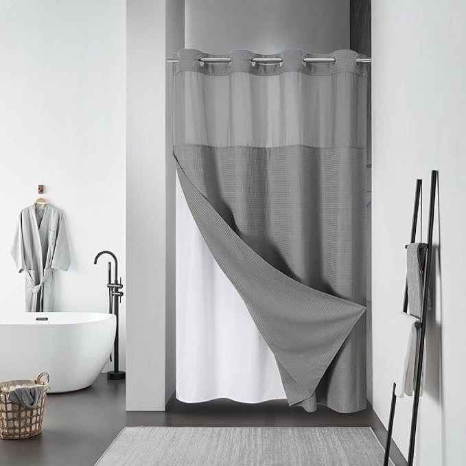 eachope BurntOrange No Hook Waffle Weave Shower Curtain with snap-in Liner Replacement, 230GSM Waterproof Fabric Hotel Shower Curtain Set for Bathroom, Through Mesh Top Window,71Wx74H
