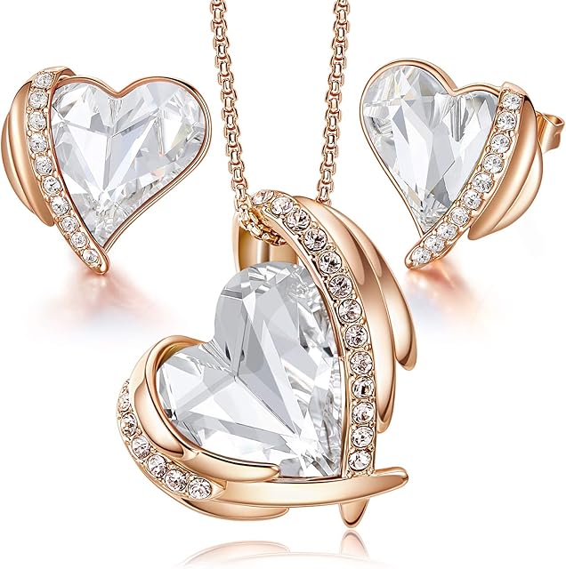 CDE Jewellery Sets Gifts for Women Heart White/Rose Gold Necklaces and Earrings Set Valentines Christmas Anniversary Birthday Mother's Day Jewelry Gifts for Mum Her Wife