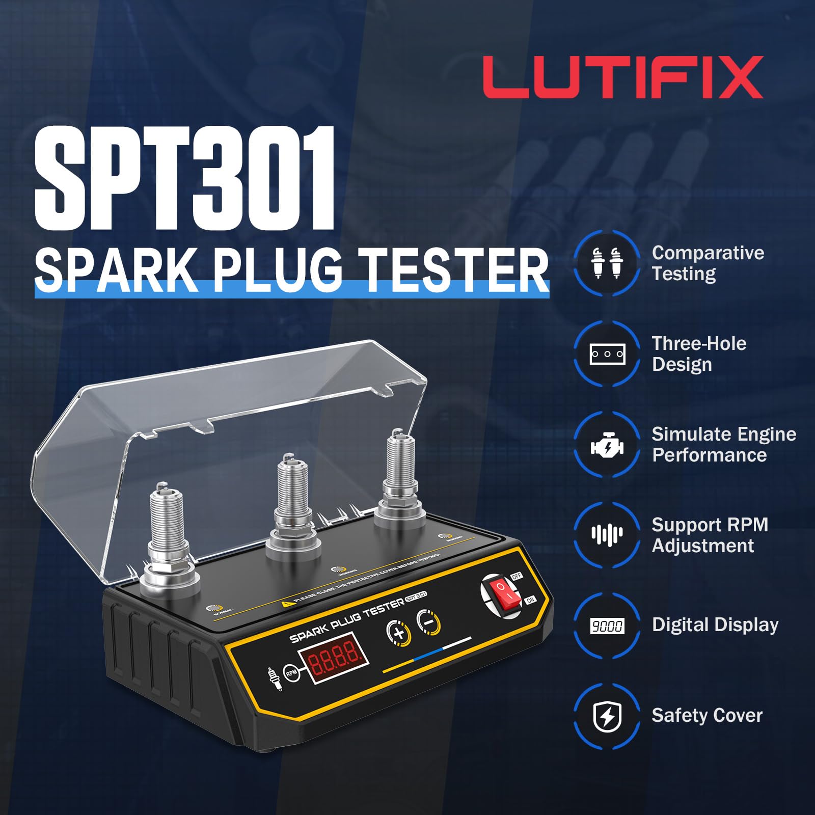 Tester per candele per auto, analizzatore per candele di accensione per motori automobilistici da 220 V Tester di accensione da 200-9000 giri/min con copertura protettiva con presa da 12 mm a tre fori