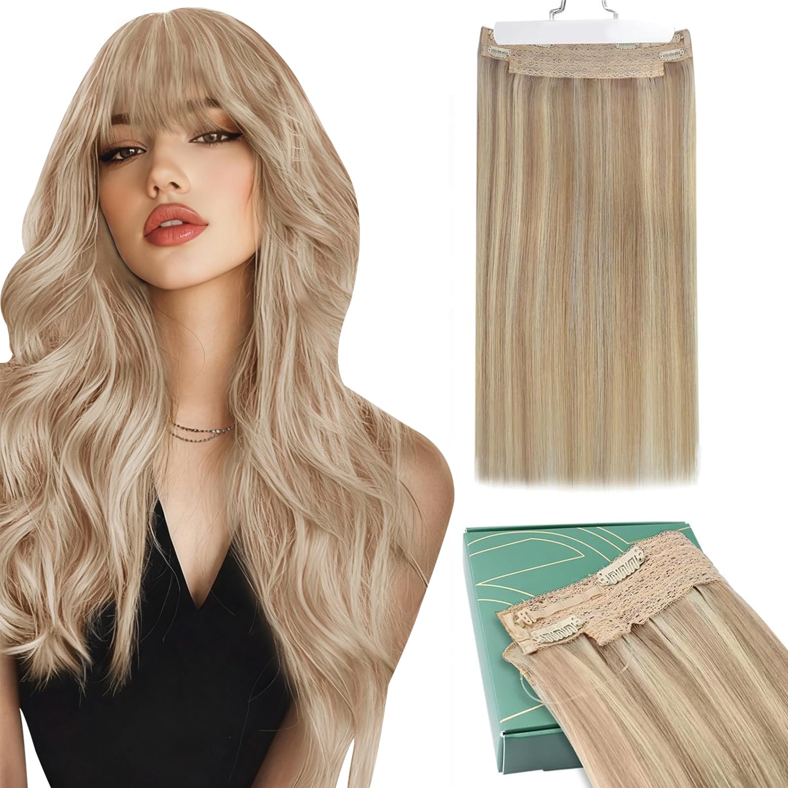 Ugeat Wire Hair Extensions Dark Ash Blonde Highlights Light Blonde Wire Hair Extensions Real Human Hair One Piece Clip in Hair Extension Ease Of