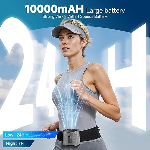 Miniatura 2 de LAMBRI Ventilador de cintura portátil con clip en la camisa, 10000mAh-24H, cinturón portátil recargable, ventilador de cuello de 4 velocidades manos