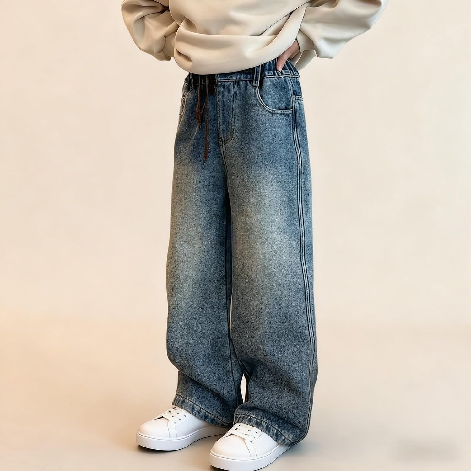 Kids Girls Baggy Jeans Straight Wide Leg Elastic Waist Denim Pants with Pockets Casual Trendy Drawstring Long Trousers
