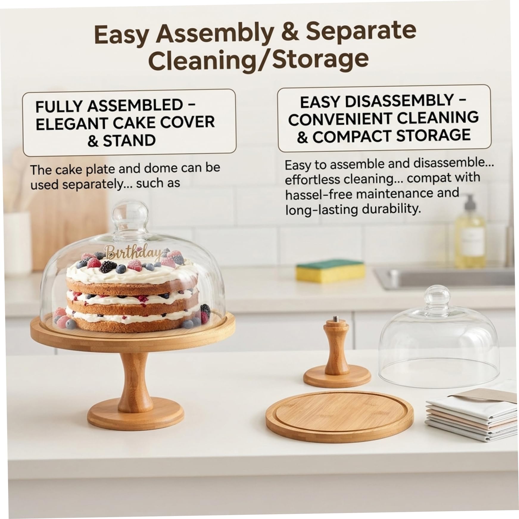 Soporte para tartas con tapa de cúpula, soporte para tartas de madera de 12.0 in con cubierta de cristal para exhibición de bodas y fiestas, diseño resistente de pie alto, de varios niveles p