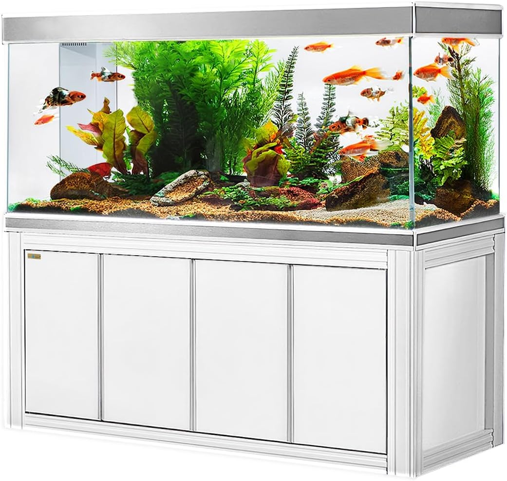 Aqua Dream 230 Gallon, All-in-One Aquarium Fish Tank with Tempered Ultra-Clear Glass, Includes Cabinet Stand, Multi-Chamber Filtration Sump, Filter Media, 1450 GPH Water Pump - White/Silver