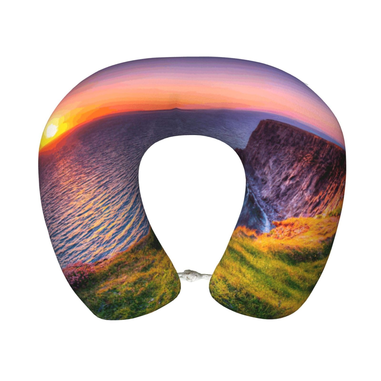 ASFgda U-Shape Memory Foam Ireland Sunset Seascape Print Travel Pillow,Neck Support,Washable Cover For Airplane Car Home Office