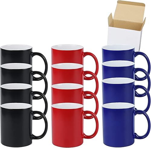 HomeVss Taza de sublimación cambiable de 11 onzas, 3 colores surtidos, negro, azul y rojo, empaquetada en caja blanca, caja de 12
