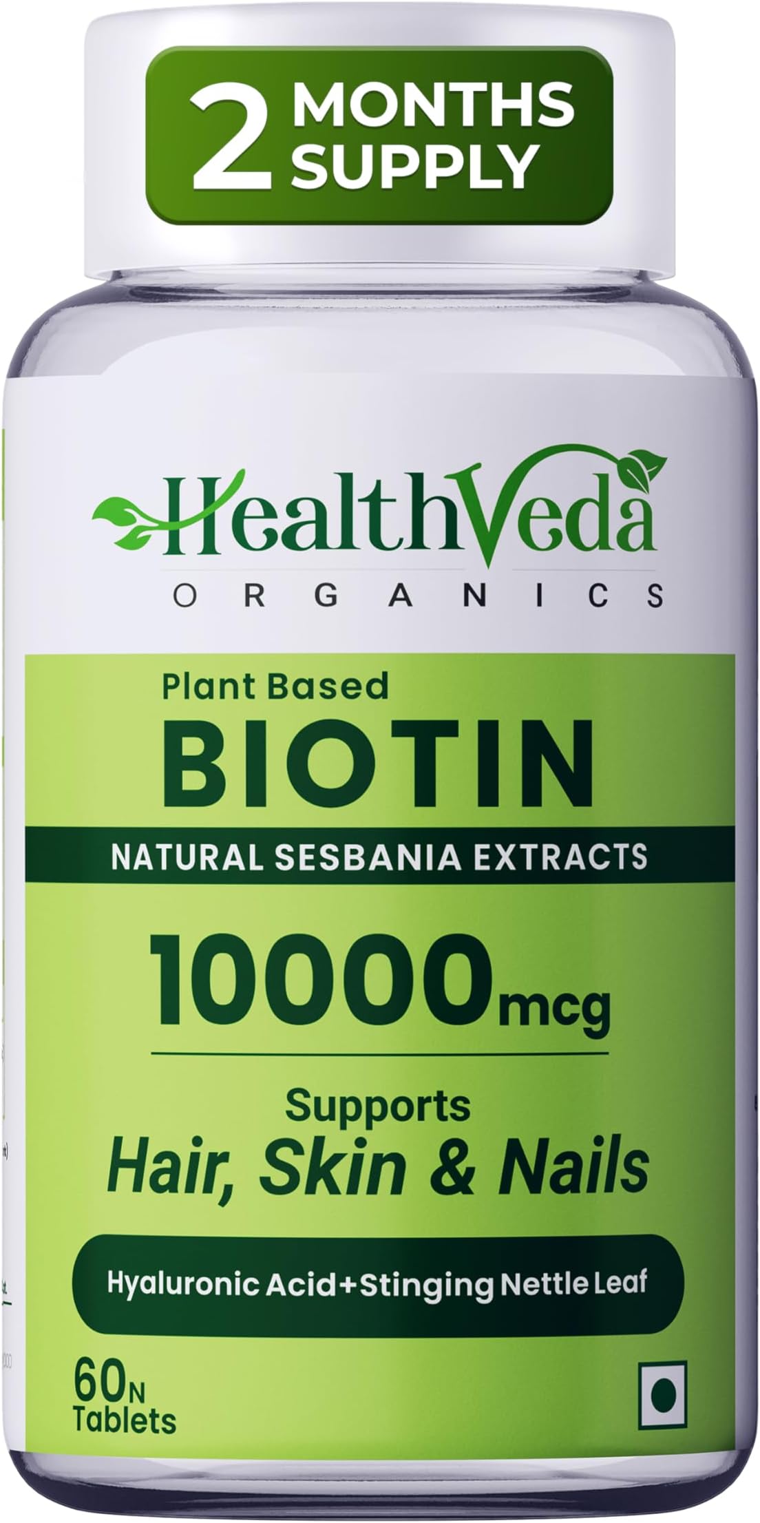 Health Veda Organics Biotin Tablets for Hair Growth | Biotin Supplement 10000mcg for Men & Women | Supports Hair, Skin & Nails | With Bhringraj, Stinging Nettle, Green Tea, Zinc & Vitamin E | 60 Tablets