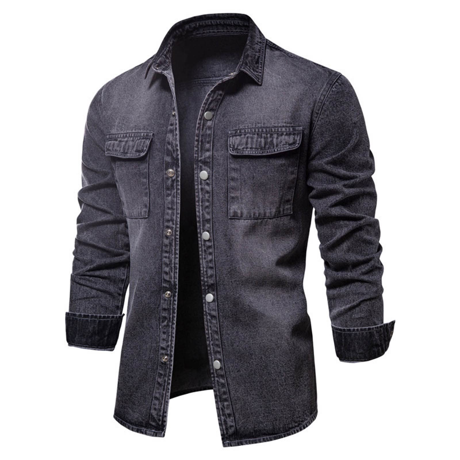 Generisch Camicia di jeans da uomo a maniche lunghe, con tasca sul petto, camicia di jeans con bottoni a pressione, per il tempo libero, leggera, a maniche lunghe, traspirante, per uomini