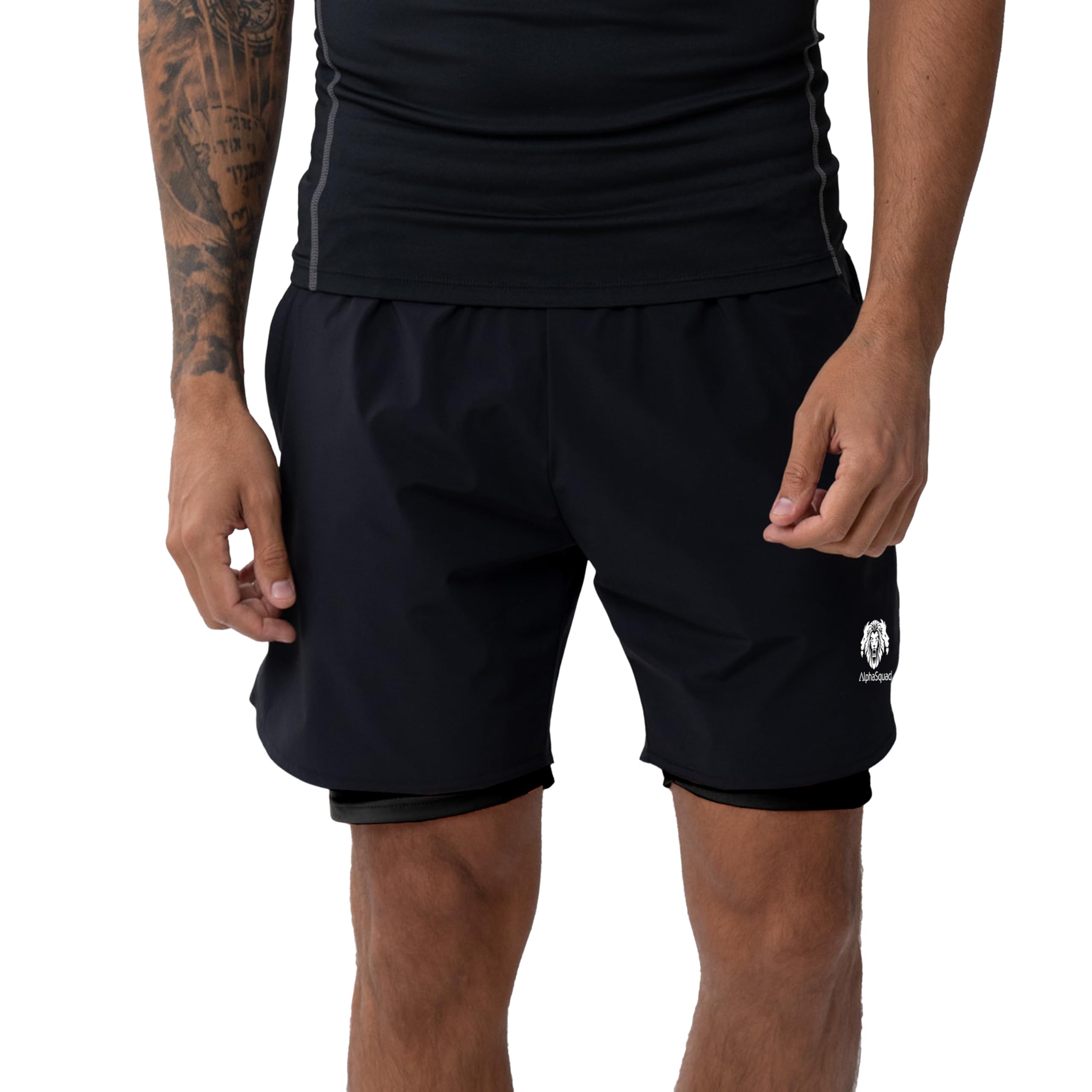 ALPHASQUAD Men’s 2-in-1 Training Shorts, Dual Layer Athletic Fit with Inner Liner & Pocket for Gym, Running & Sports XL Black with Black Liner