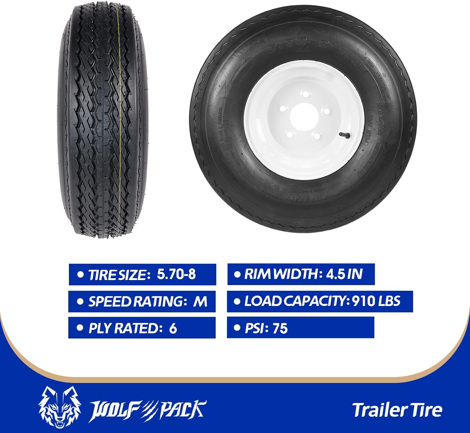WOLF PACK Trailer Tires On Rims 570-8 5.70-8 5 Lug on 4.5" White Wheel 6PLY, Set of Two