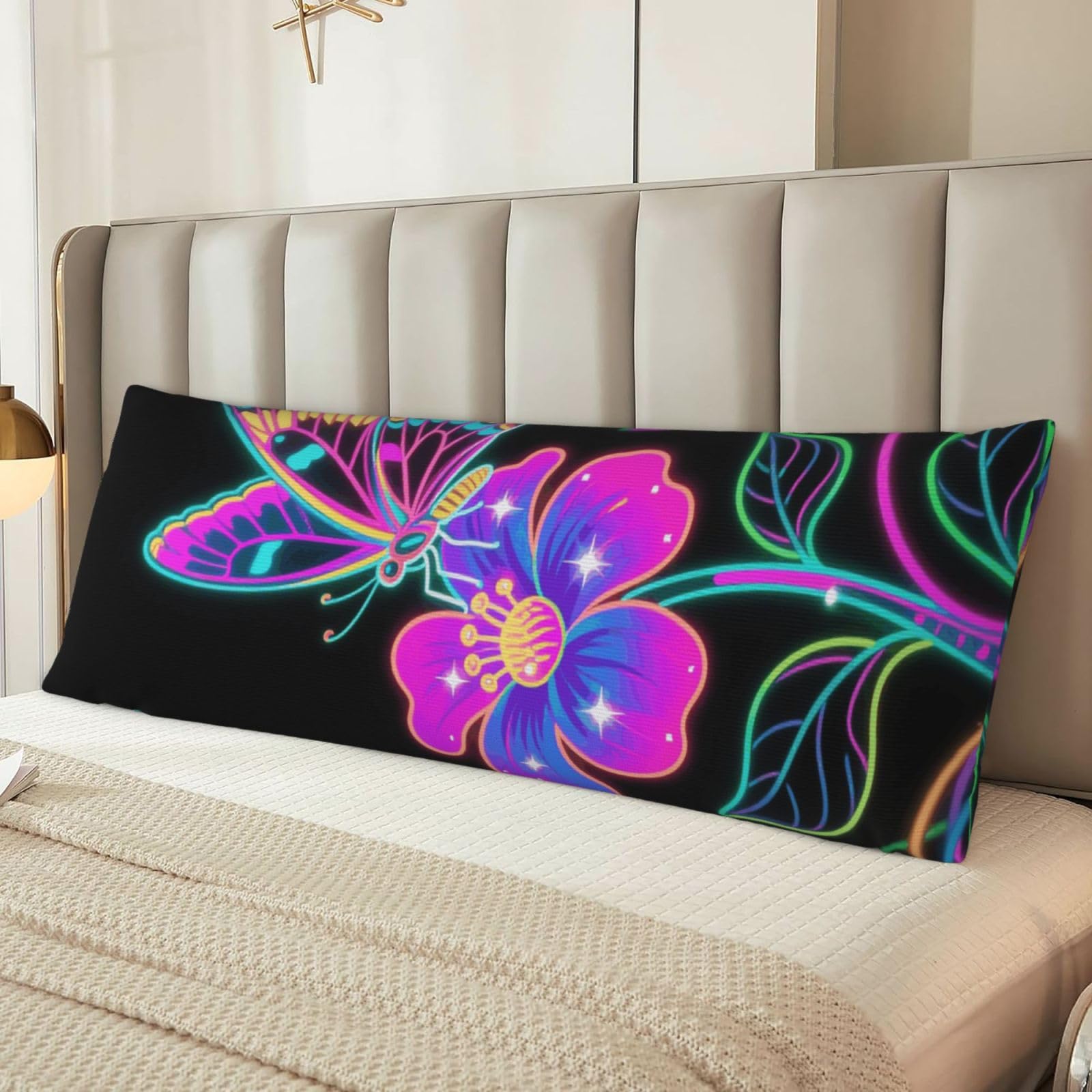 Neon Butterfly Body Pillow Cover with Hidden Zipper 54"X20",Ultra Soft Microfiber Long Pillow Case Decorative Bedding Pillowcase Cushion Cover Cases for Bedroom Couch Sofa,Home Gifts