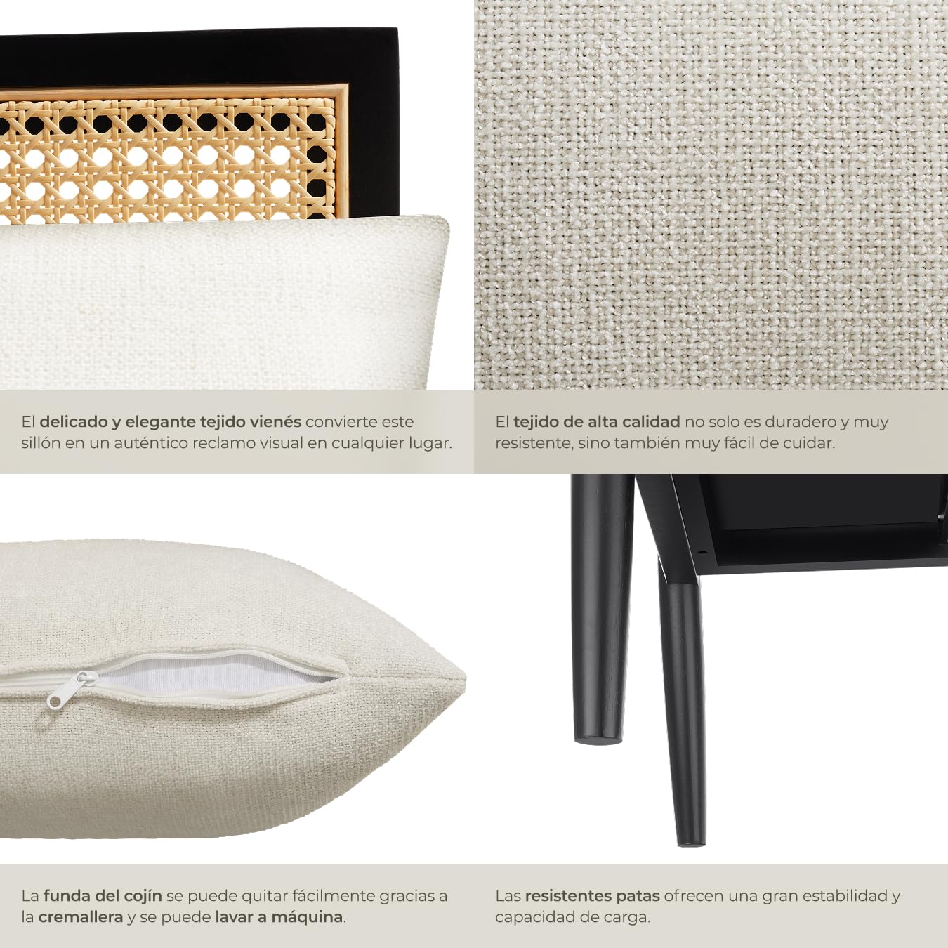 tectake® Sillón Vintage con Mimbre Vienés y Cojín Extraíble, Butaca de Salón con Reposabrazos y Gran Respaldo, Sillón Lectura, Sillón Relax de Fácil Montaje y Limpieza, Ideal Mueble Salón, Dormitorio