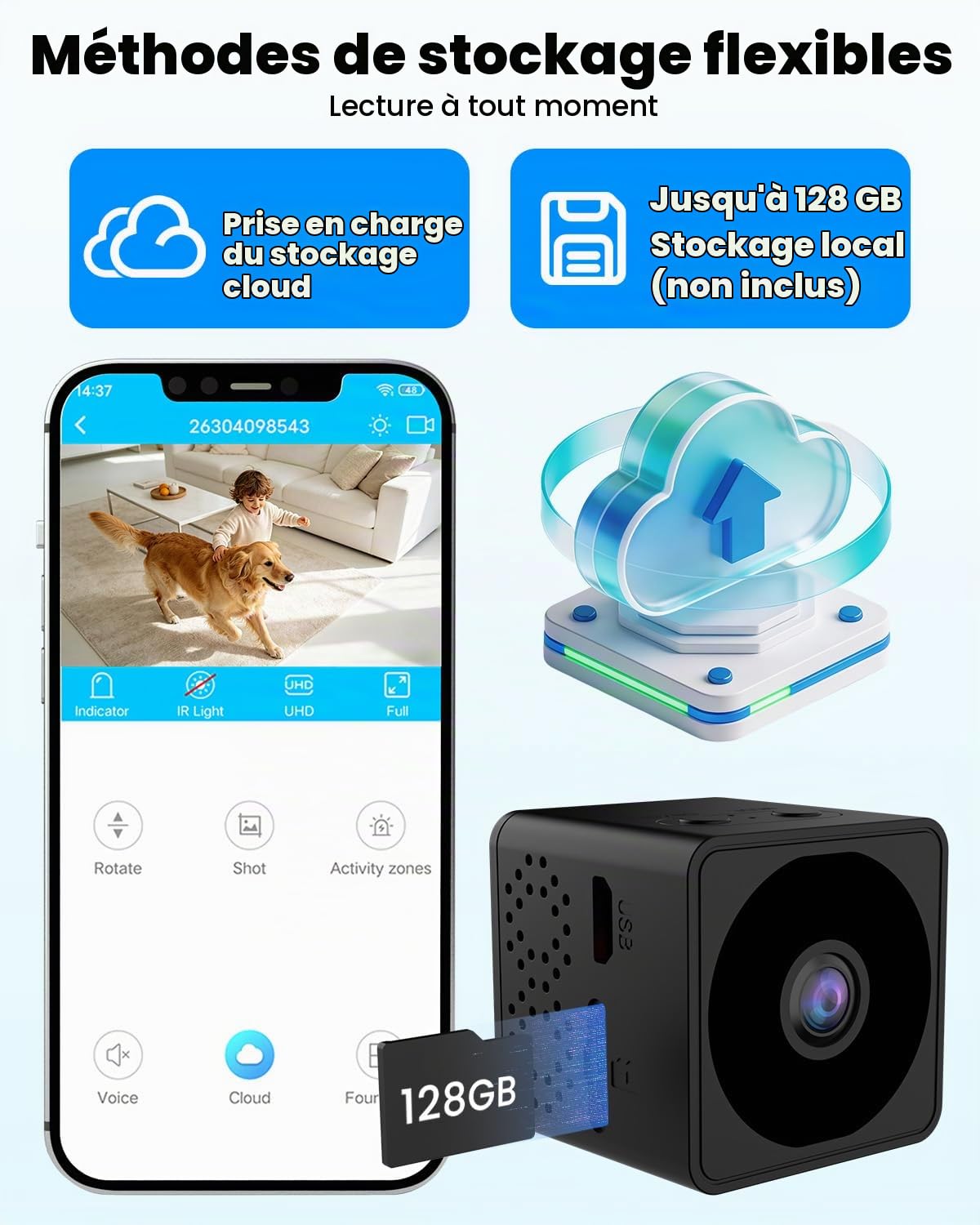 Mini Camera Espion sans Fil, Wi-Fi ou Mode sans WiFi, Camera de Surveillance sans Internet, Vision Grand 160°, Vision Nocturne, Détection Mouvement IA, Mini Surveillance pour Intérieur/Extérieur