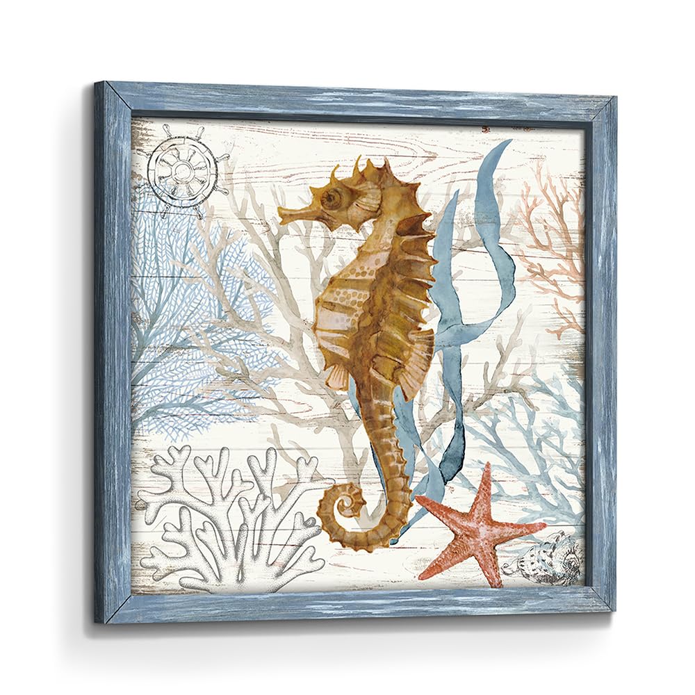 Ocean Life Wall Art Picture: Framed Coastal Marine Seahorse Painting Sea Beach Starfish Coral Artwork Vintage Bathroom Living Room Wooden Print Decor