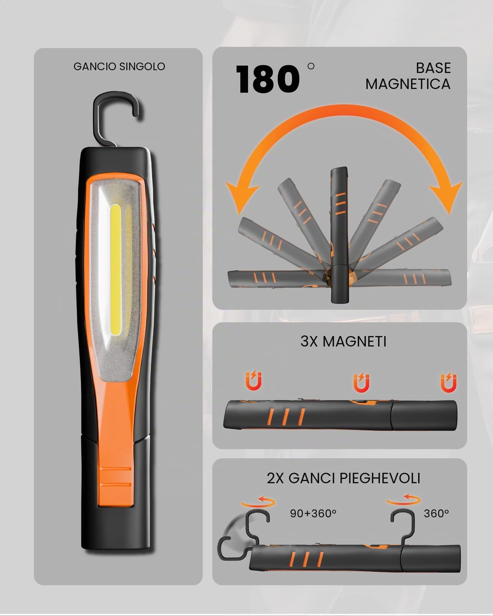 ENUOTEK Lampada da Lavoro Torcia, IP65 Ispezione a LED COB 7W, Ricaricabile Portatile Officina Piu Potente Senza Fili, con Batterie al Litio 2600mAh, Due Fonti di Illuminazione e Magneti Potenti