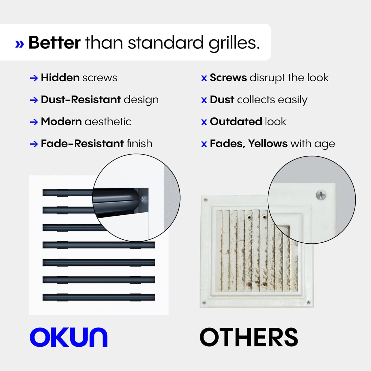 OKUN - Standard Linear Slot Diffuser - 14" x 14" Duct Opening Cutout - 16" x 16" Matte White AC Vent Cover - Concealed Design Register Grille for Ceiling/Walls - Decorative Air Vent