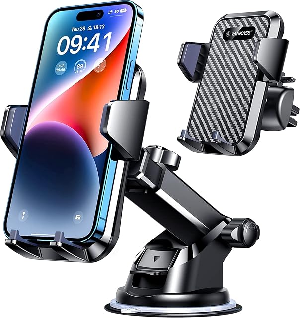VANMASS Car Phone Holder 2023, [60+ LBS Suction & Military Protection] Mobile Phone Holder for Cars, [Patent & Safety Certs] Dashboard Windscreen Vent Van for iPhone 14 13 Pro Max Samsung, Black
