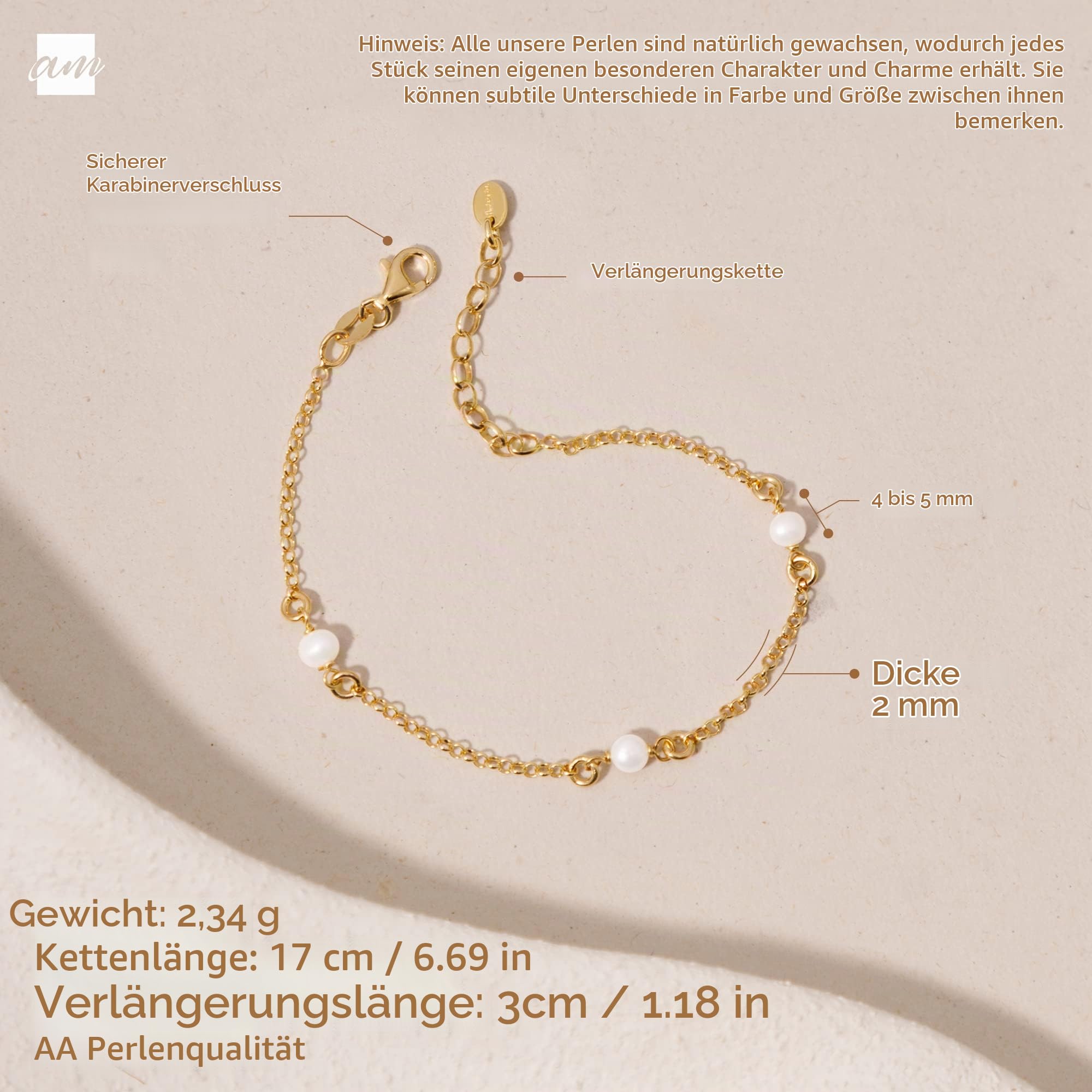 Amberta Frauen 925 Sterling Silber Süßwasser Perlen Armband