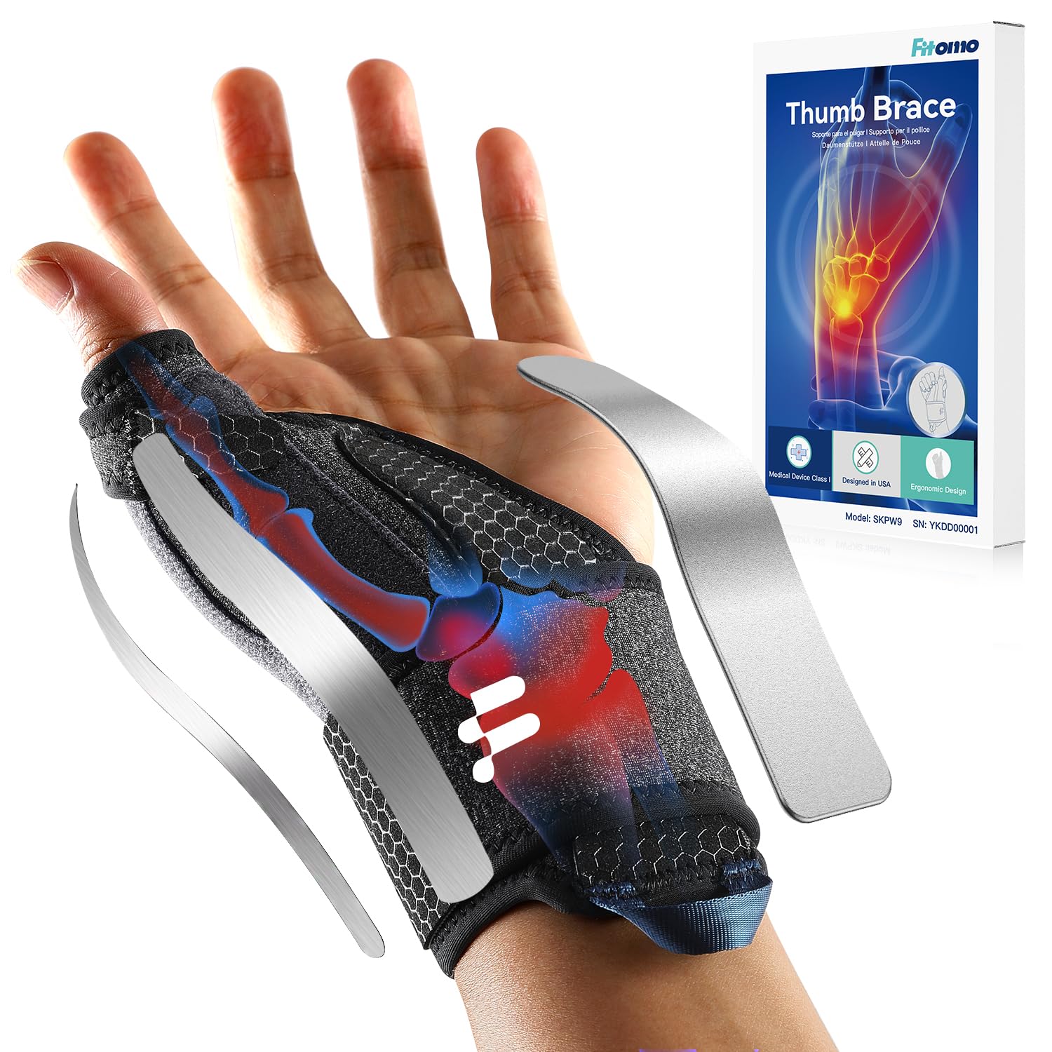 Fitomo Tutore Pollice, Tutore Tunnel Carpale 2 in 1 per Tenosinovite di De Quervains, Artrite, dito a Scatto, Tendinite, Sollievo dal Dolore del Tunnel Carpale e Distorsione del Pollice