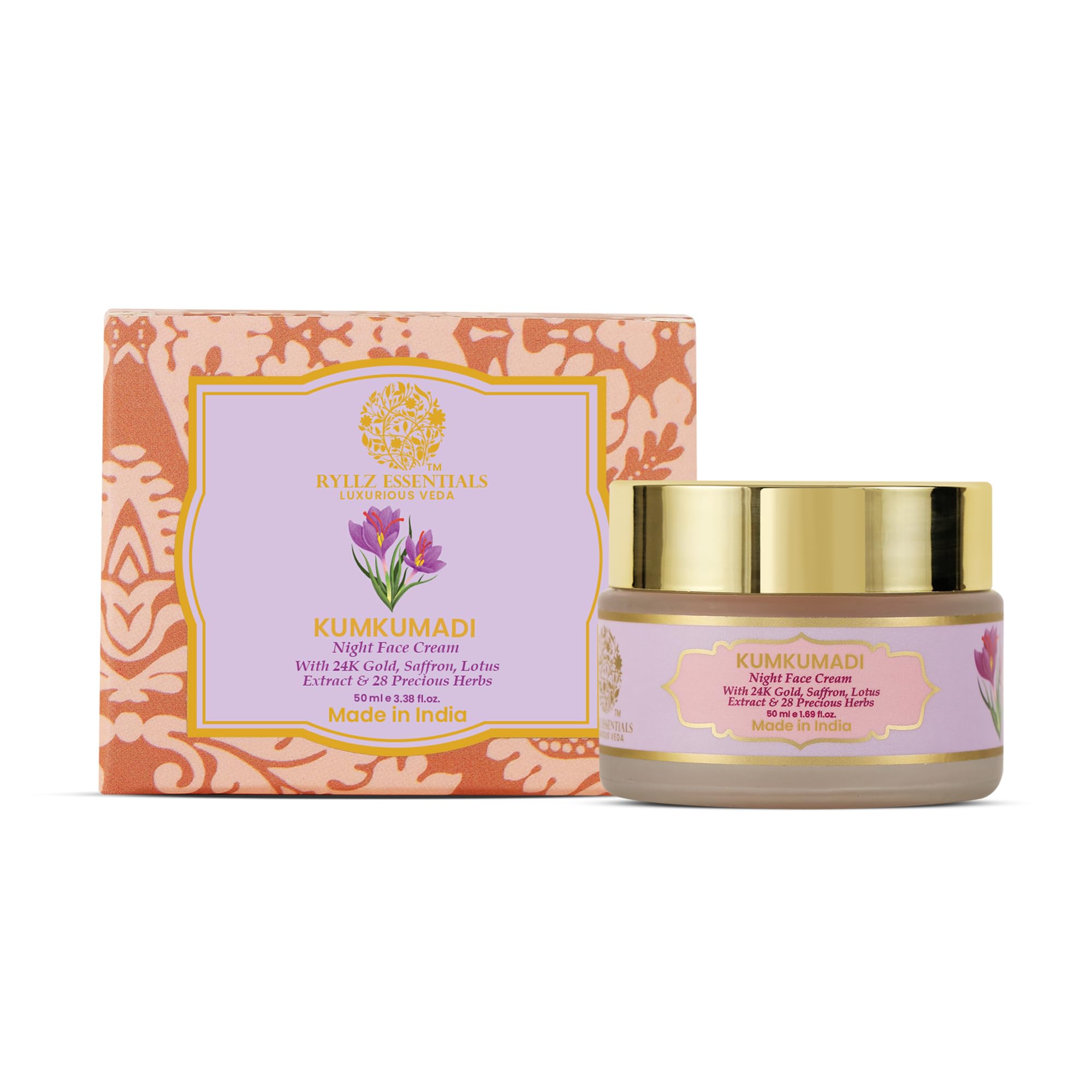 RYLLZ ESSENTIALS Kumkumadi Face Cream | with 24K Gold, Saffron, Retinol, Niacinamide, Lotus Extracts & 28 Precious Herbs | For Pigmentation, Fine Lines, Dark Spots, Uneven & Dull Skin | Night Face