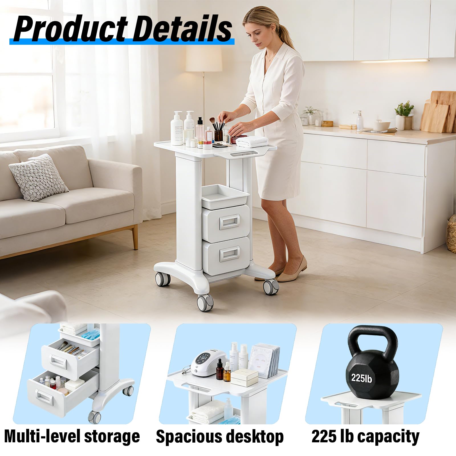 Carrello da Laboratorio a 3 Ripiani Portata 102kg, Carrello Medico con 2 Cassetti, 1 Vassoio e 4 Ruote, Materiale ABS per Clinica, Ospedale e Salone, Bianco (Bianco, doppio cassetto)