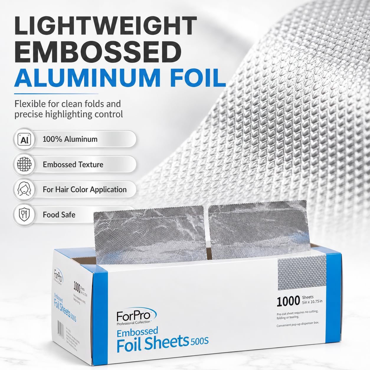 ForPro Professional Collection Hojas de aluminio en relieve 500S, papel de aluminio, dispensador de papel de aluminio emergente, láminas para el cabello para aplicación de color y servicios de
