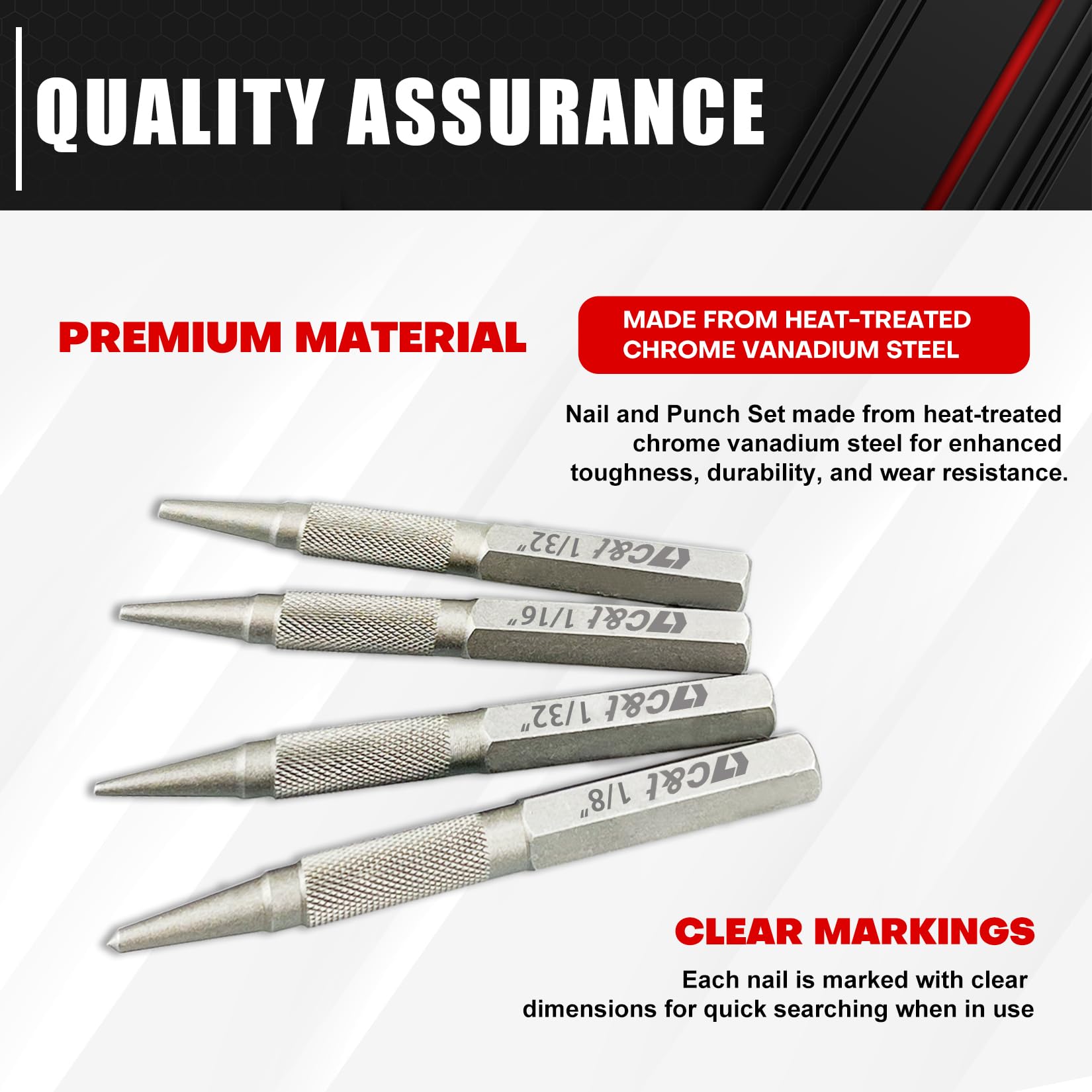 TAODAN 4-Piece Nail Setter & Centre Punch Set – 1/32, 1/16, 3/32, 1/8 Inch, Heat Treated Alloy Steel With Knurled Handles TAODAN 4-Piece Nail Setter & Centre Punch Set – 1/32, 1/16, 3/32, 1/8 Inch, Heat Treated Alloy Steel With Knurled Handles