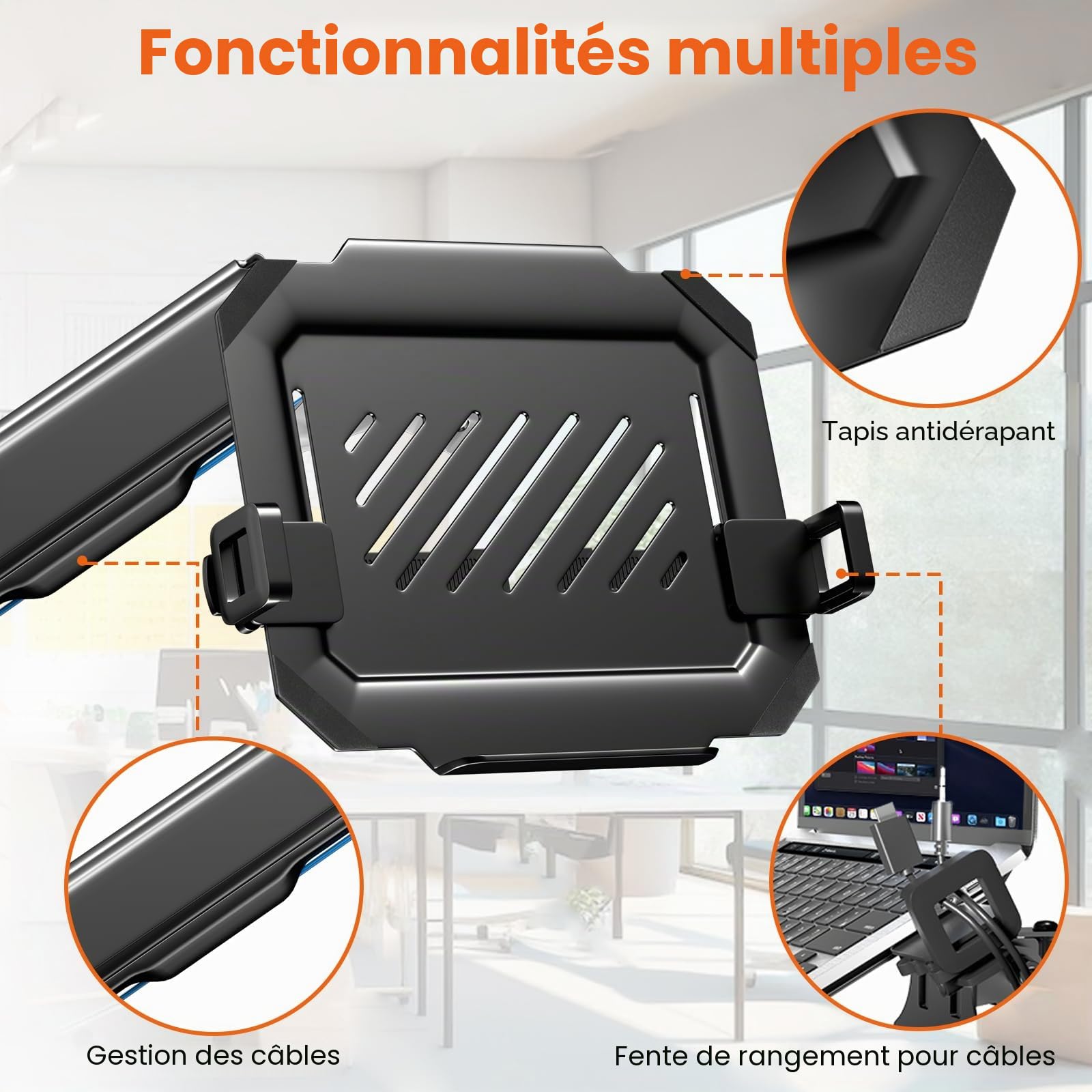 Support Mural avec Plateau Ventilé pour Ordinateur Portable 12"-17",Réglable en Hauteur Bras de Ecran PC,Plateforme de Refroidissement Ventilée,Gestion des Câbles,Capacité de Charge:9KG,VESA 75/100mm