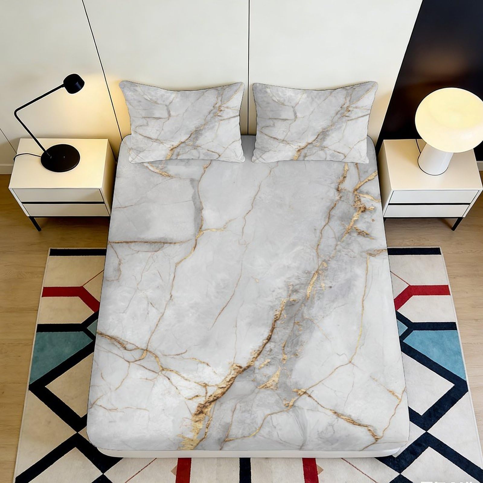 3D Printed Marble Texture Fitted Sheet Microfiber Soft Breathable Gold Vein Mattress Cover for Bedroom Dorm Decor 90x200x25cm