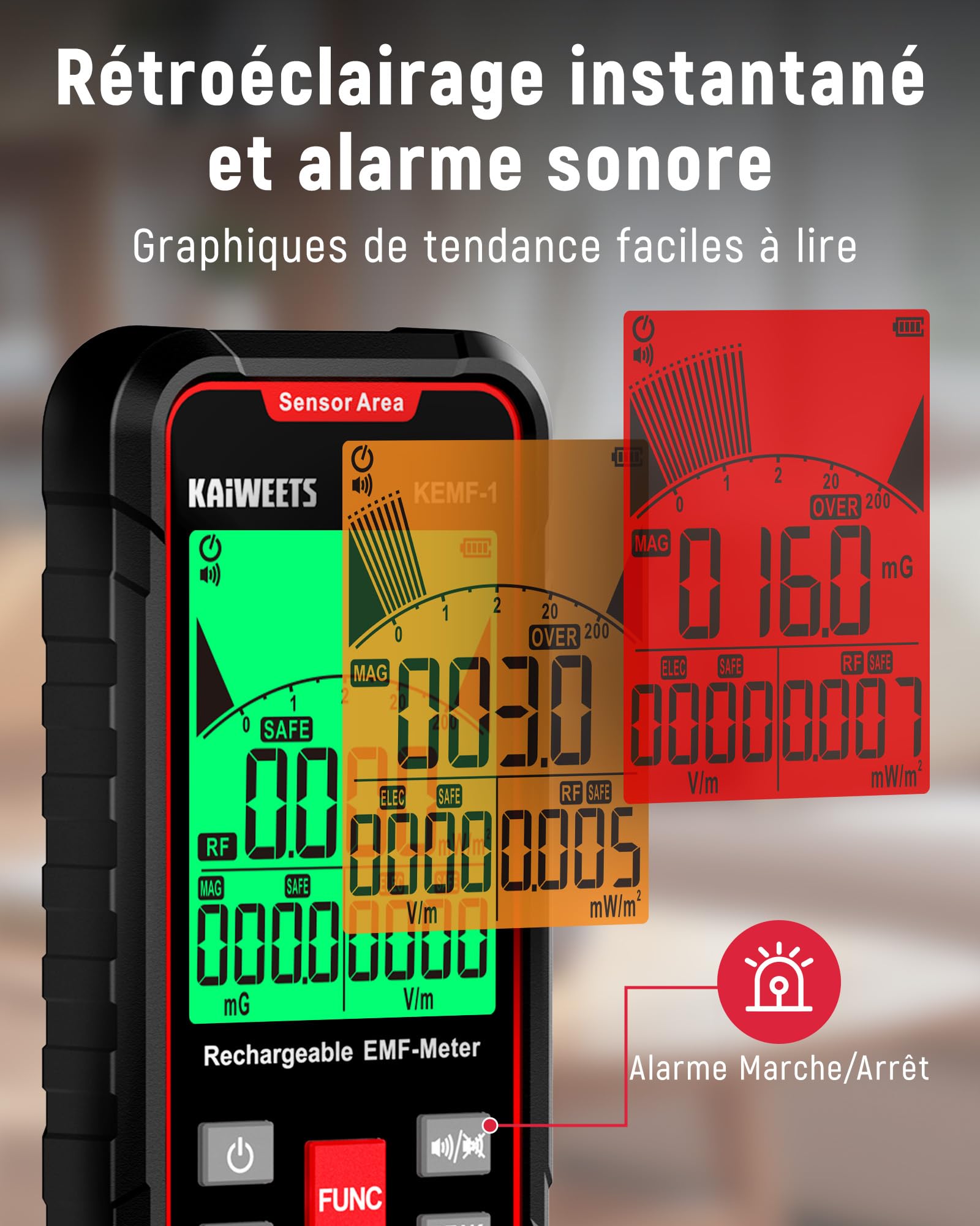 KAIWEETS Appareil de Mesure EMF Affichage Simultané des Données EF/MF/RF Écran LED Port de Charge de USB C Portable pour la Maison, le Bureau et l'extérieur