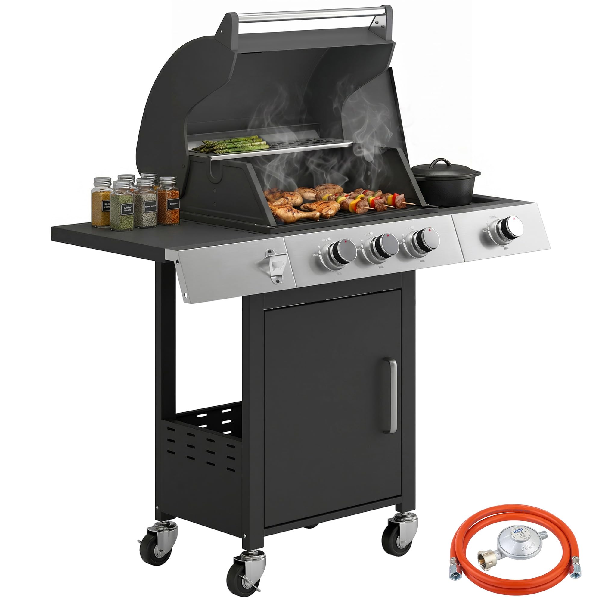 Outsunny Barbecue a Gas con 3+1 Bruciatori da 10.5 KW, BBQ a Gas Propano Portatile con Griglia, Ripiani Laterali, Vaschetta per Grasso, Armadietto, Termometro, Apribottiglie, Ruote, per Giardino, Nero