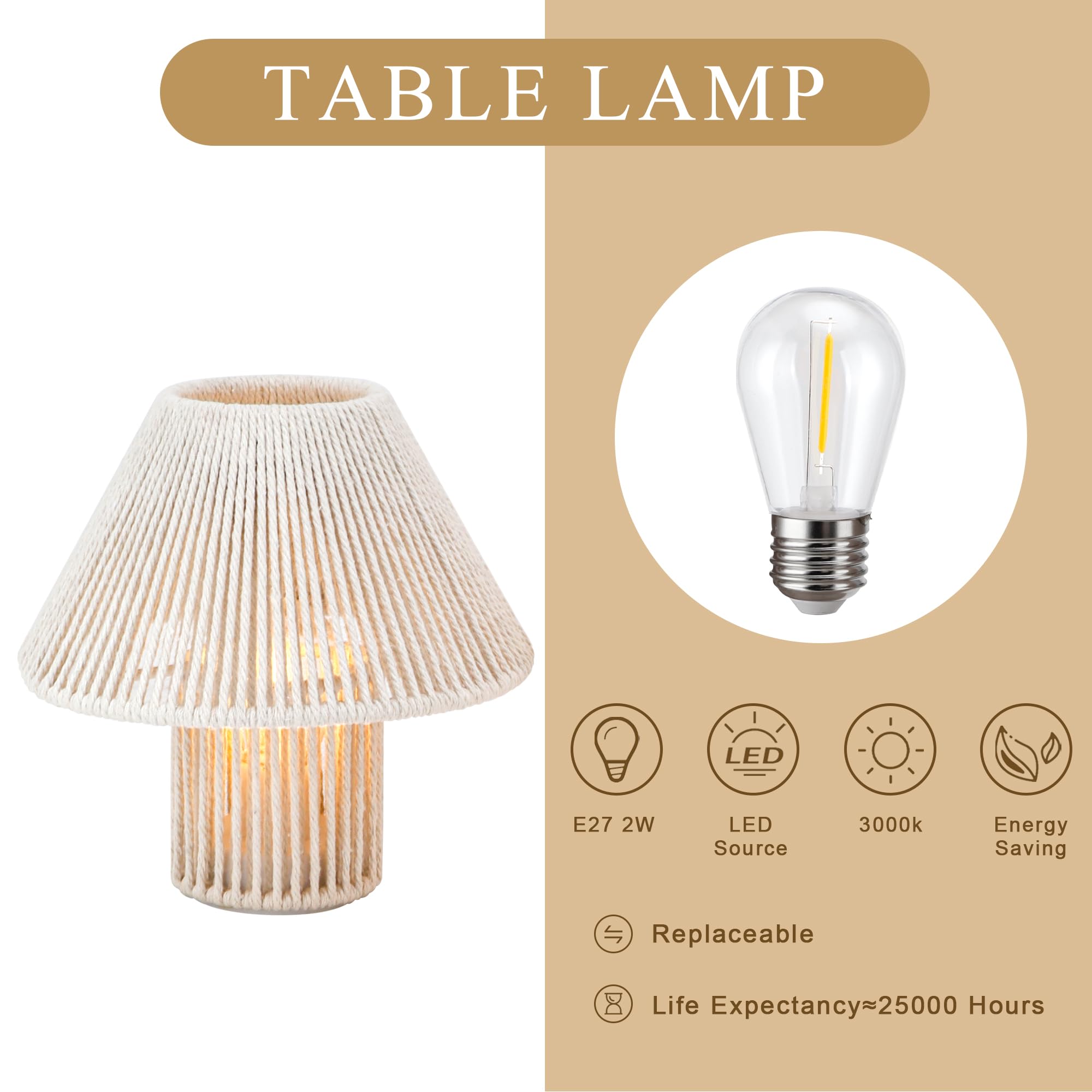 TRIROCKS Geflochtene Baumwollschnur LED Tischlampe ohne Kabel 2er Set, 18 cm hoch, batteriebetriebene Schreibtischlampe, Boho-Nachttischlampen für Wohnzimmer, Schlafzimmer, Hochzeiten, Patio