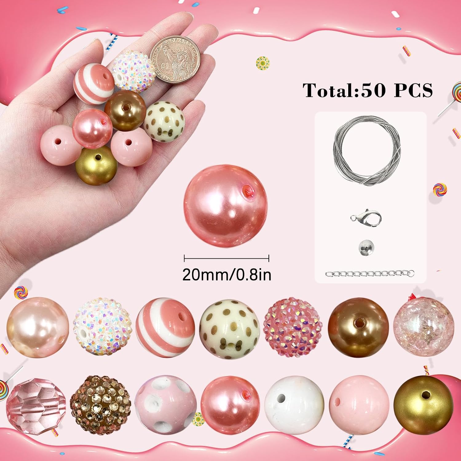 50Pcs Pink Gold Chunky Bubblegum Beads, 20mm Chunky Bubble Gum Beads for Adult DIY Beadable Pens Bracelets Necklaces Pearl Beaded Craft Mother's Day Jewelry Making