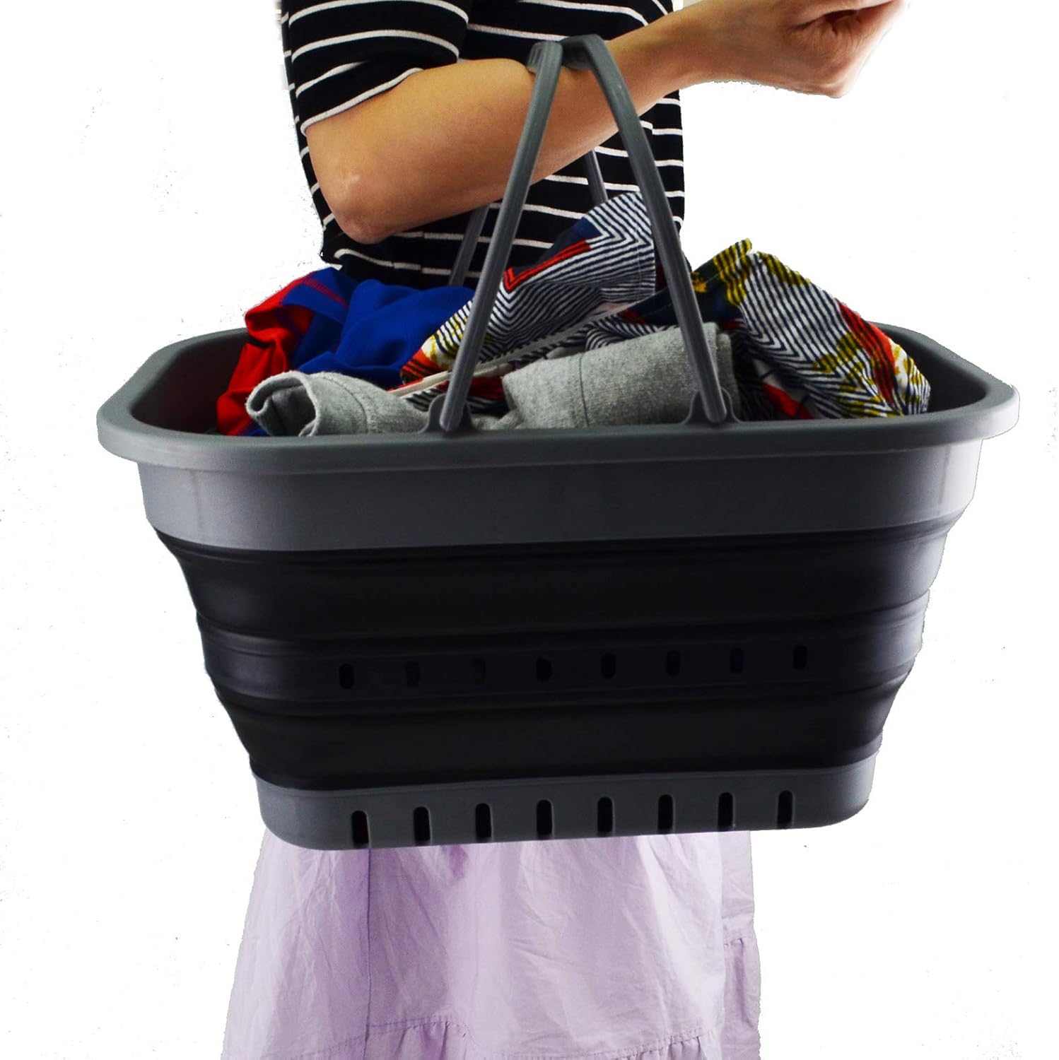 SAMMART Collapsible Laundry Basket with Handle 19L (5 Gallons) - Portable Picnic Basket/Crate - Foldable Storage Container for Dishes Washing, Camping and Home (2, Grey/Black)