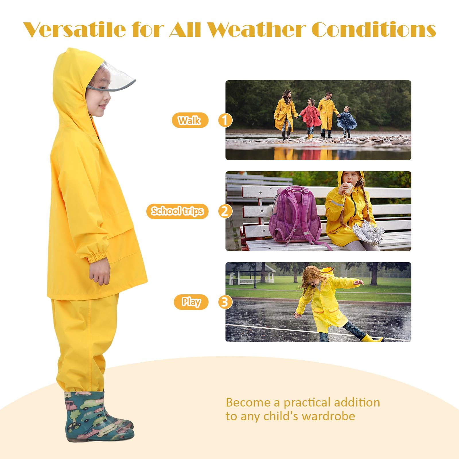Unisex Trajes de lluvia para Niños Chaqueta Impermeable con Pantalones de lluvia con Tirantes Chubasquero Ligero para Niños con Capucha al aire Libre para Niño y Niña