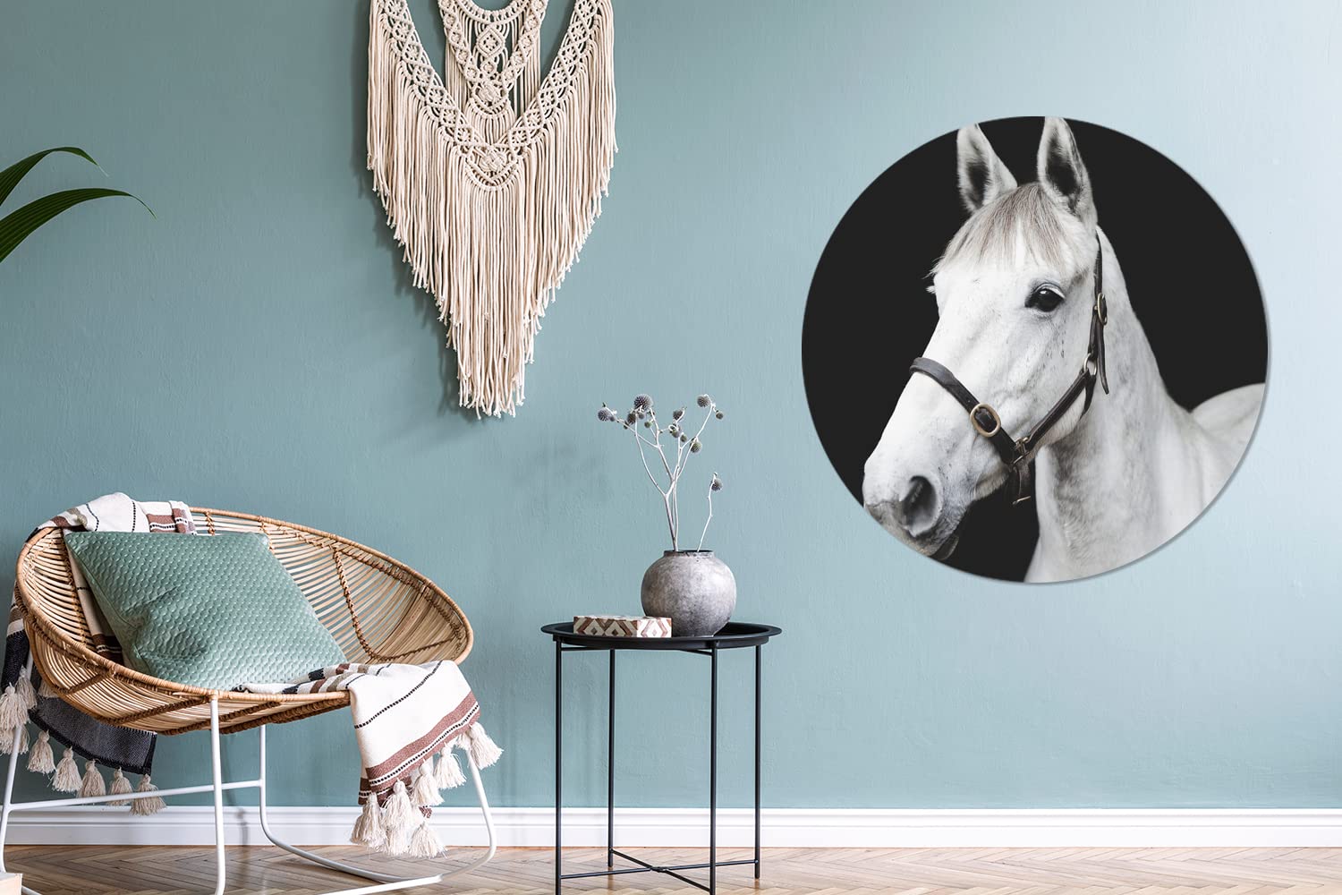 MuchoWow Wandbild Rund Wanddeko Deko Wohnzimmer Bilder 90x90 cm Pferd - Halfter - Weiß
