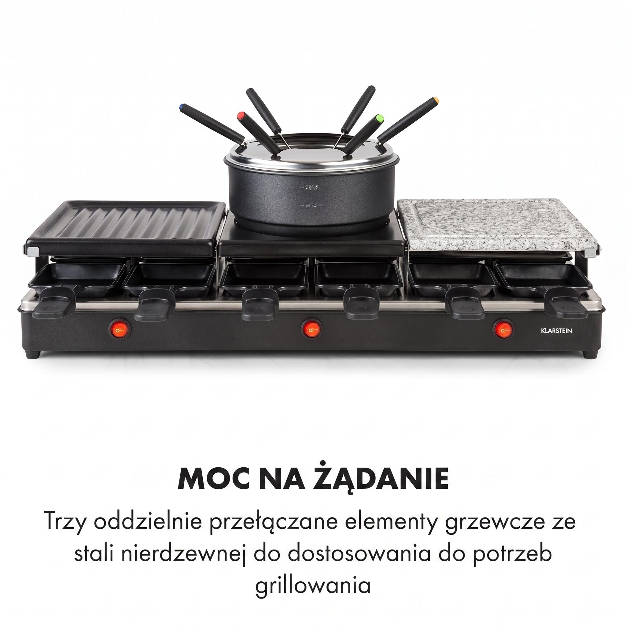 Klarstein Fonduelette XL - Grill raclette i fondue 3 w 1, 1650 W, metal/kamień naturalny/płyta krepowa, 3 oddzielne elementy grzewcze ze stali nierdzewnej, 12 osób, nieprzywierający, czarny