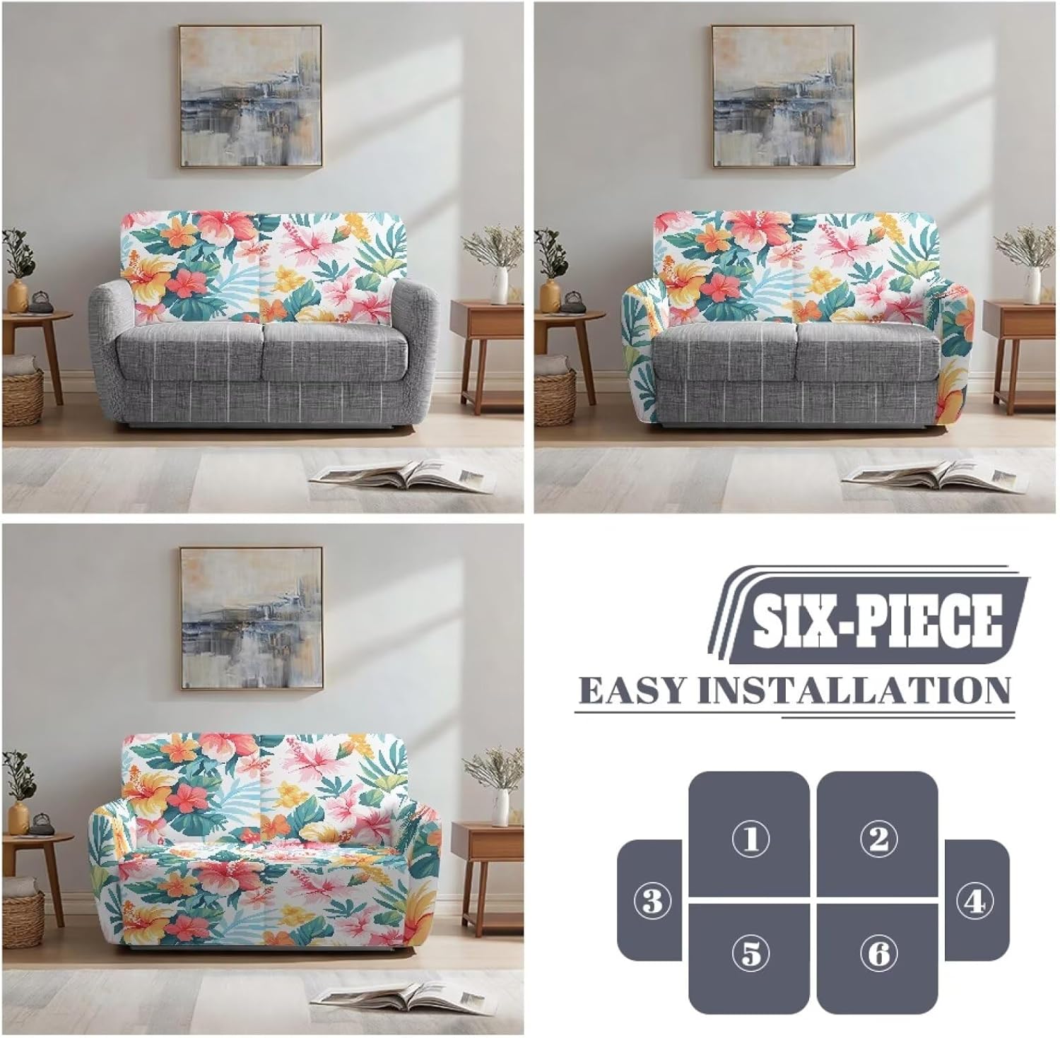 6 Pieces Recliner Covers, Tropical Leaves Stretch Reclining Loveseat Slipcover with Pocket Washable Furniture Protector for Sofa 2 Seater Couch Slipcovers for Kids Pets