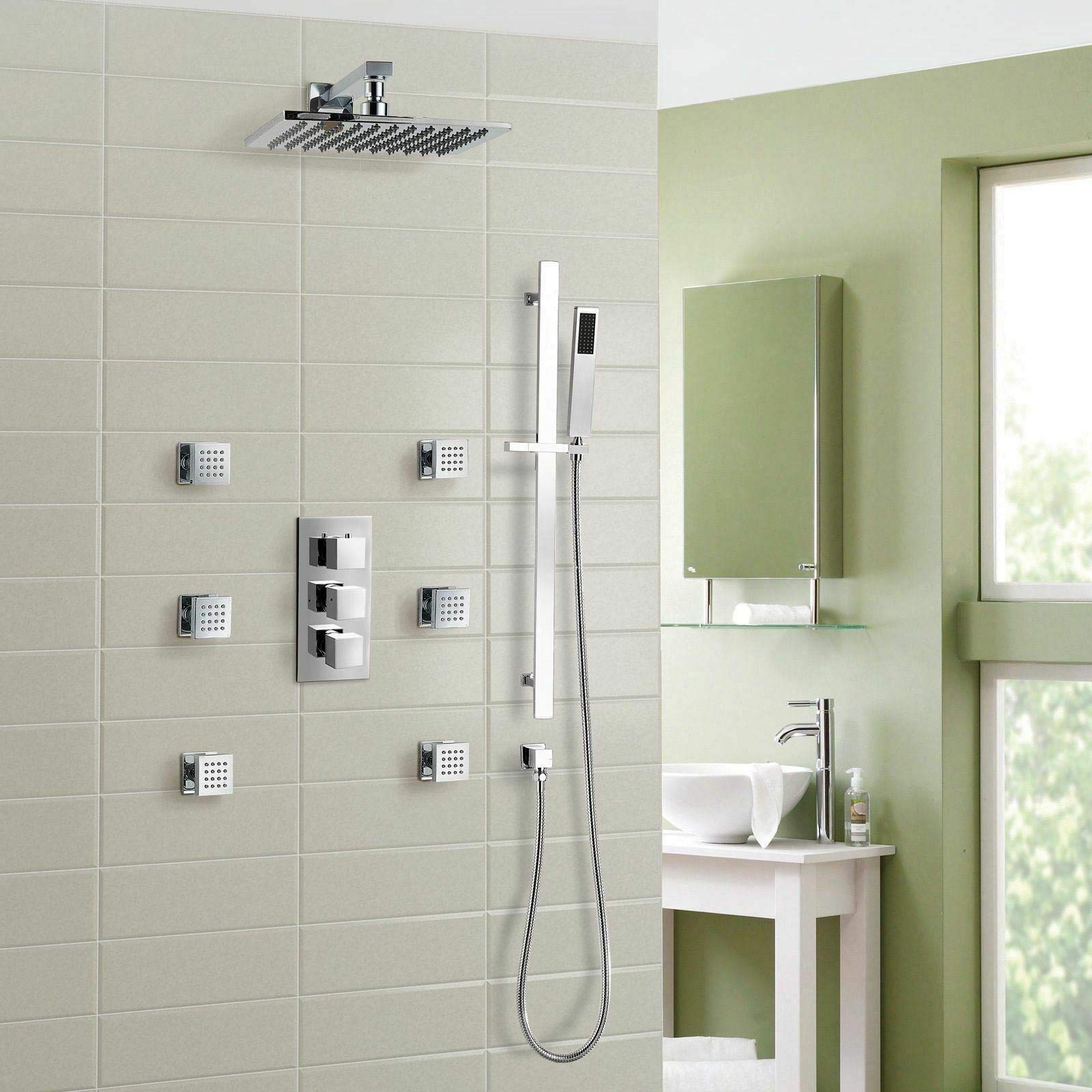 Nes Home | Lily Square 3 Way Concealed Thermostatic Shower Mixer Set - Shower Head, Handset & Body Jets