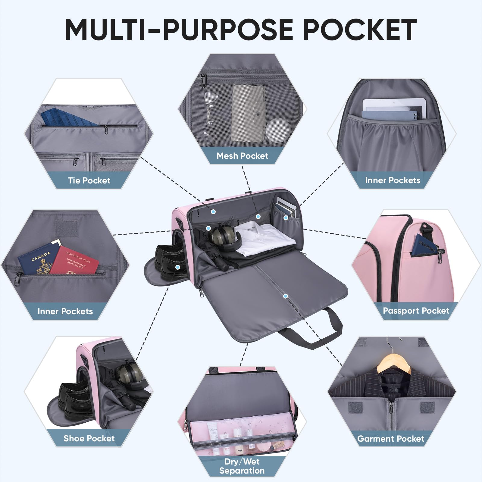 BALEINE Bolsa de ropa convertible con compartimento para zapatos, 2 en 1, bolsas de lona para viajes, bolsa de traje para hombres y mujeres, Rosado
