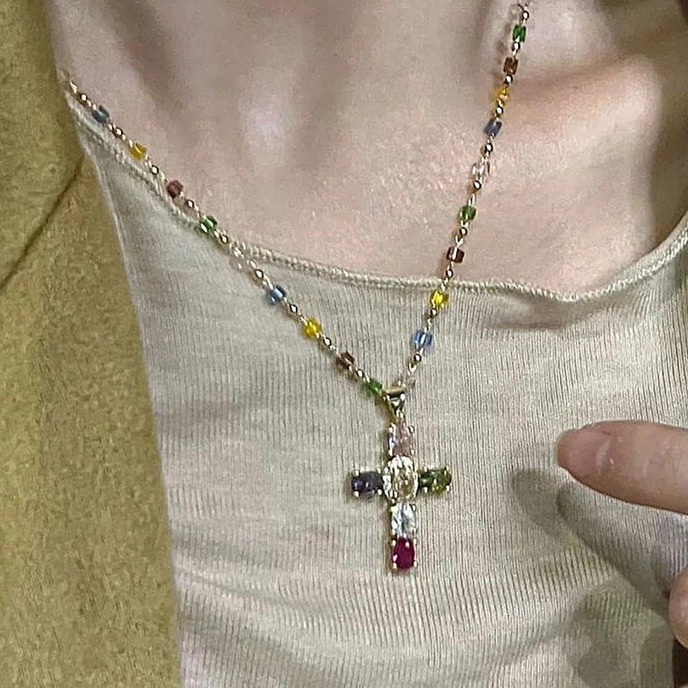 Vintage Rhinestone Cross Pendant Necklace for Women,Colored Sparkling Crystal Beaded Statement Choker,Trendy Party Banquet Jewelry Accessories Gifts - Image 4